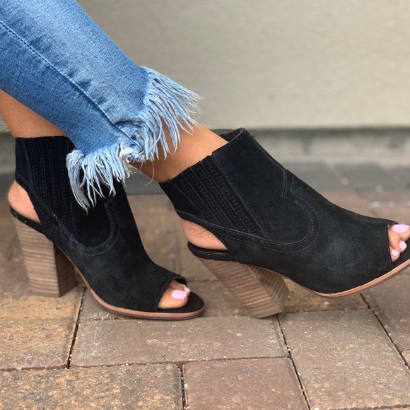 NIB Black Suede Peet Toe Open Back Ankle Bootie - Picture 2 of 8